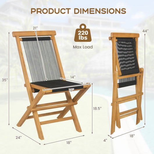  - 2 Piece Indonesia Teak Patio Folding Chairs with Woven Rope Seat and Back for Porch Backyard Poolside - Outdoor Style Company