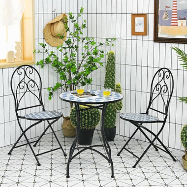  - 2 Pieces Patio Folding Mosaic Bistro Chairs with Blue Floral Pattern - Outdoor Style Company