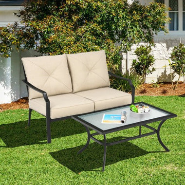  - 2 Pieces Patio Outdoor Cushioned Sofa Bench with Coffee Table - Outdoor Style Company