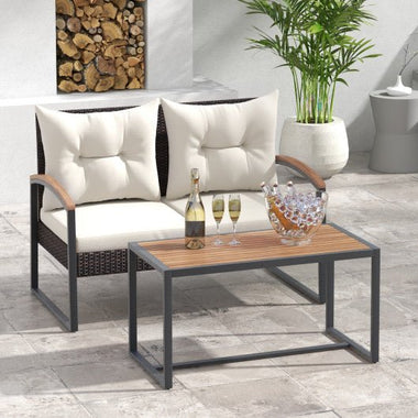  - 2 Pieces Patio PE Wicker Furniture Set with Acacia Wood Coffee Table - Outdoor Style Company