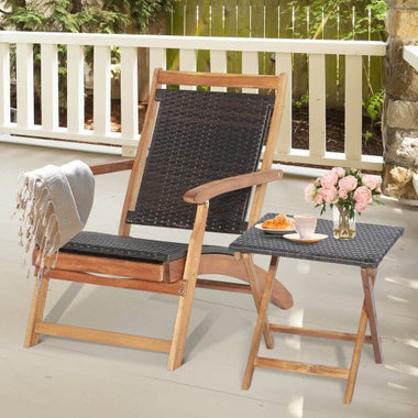  - 2 Pieces Patio Rattan Folding Lounge Chair with Acacia Wood Table - Outdoor Style Company