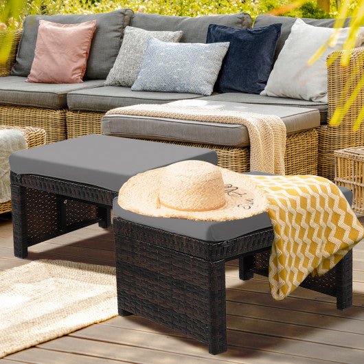  - 2 Pieces Patio Rattan Ottomans with Soft Cushion for Patio and Garden - Outdoor Style Company