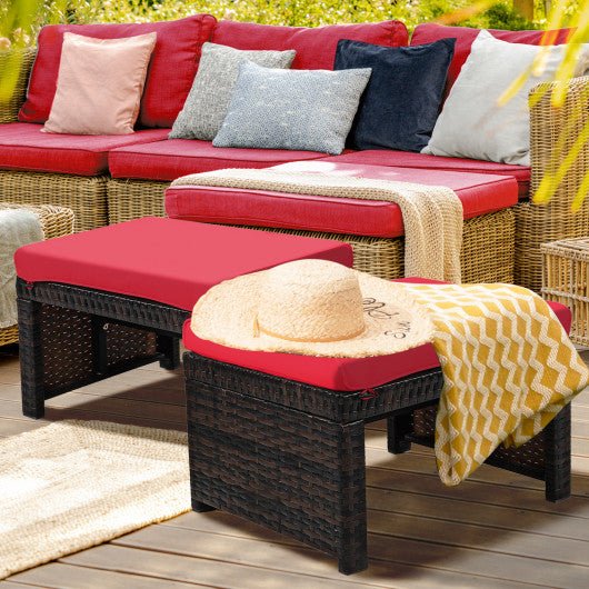  - 2 Pieces Patio Rattan Ottomans with Soft Cushion for Patio and Garden - Outdoor Style Company