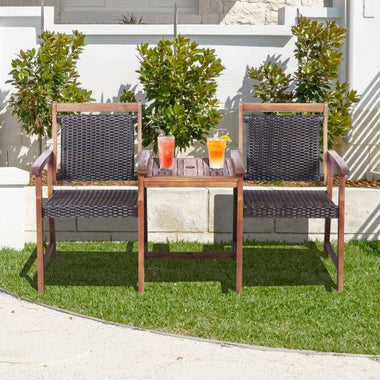  - 2 - Seat Patio Rattan Acacia Wood Chair with Coffee Table - Outdoor Style Company