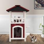  - 2 - Story Wooden Cat House with Asphalt Roof Balcony and Rain Curtain - Red & White - Outdoor Style Company