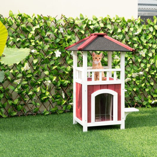  - 2 - Story Wooden Cat House with Asphalt Roof Balcony and Rain Curtain - Red & White - Outdoor Style Company