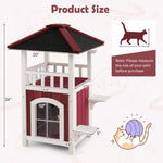  - 2 - Story Wooden Cat House with Asphalt Roof Balcony and Rain Curtain - Red & White - Outdoor Style Company