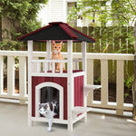  - 2 - Story Wooden Cat House with Asphalt Roof Balcony and Rain Curtain - Red & White - Outdoor Style Company