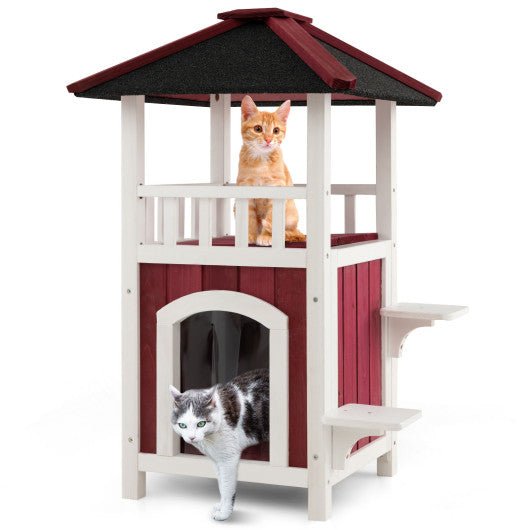  - 2 - Story Wooden Cat House with Asphalt Roof Balcony and Rain Curtain - Red & White - Outdoor Style Company