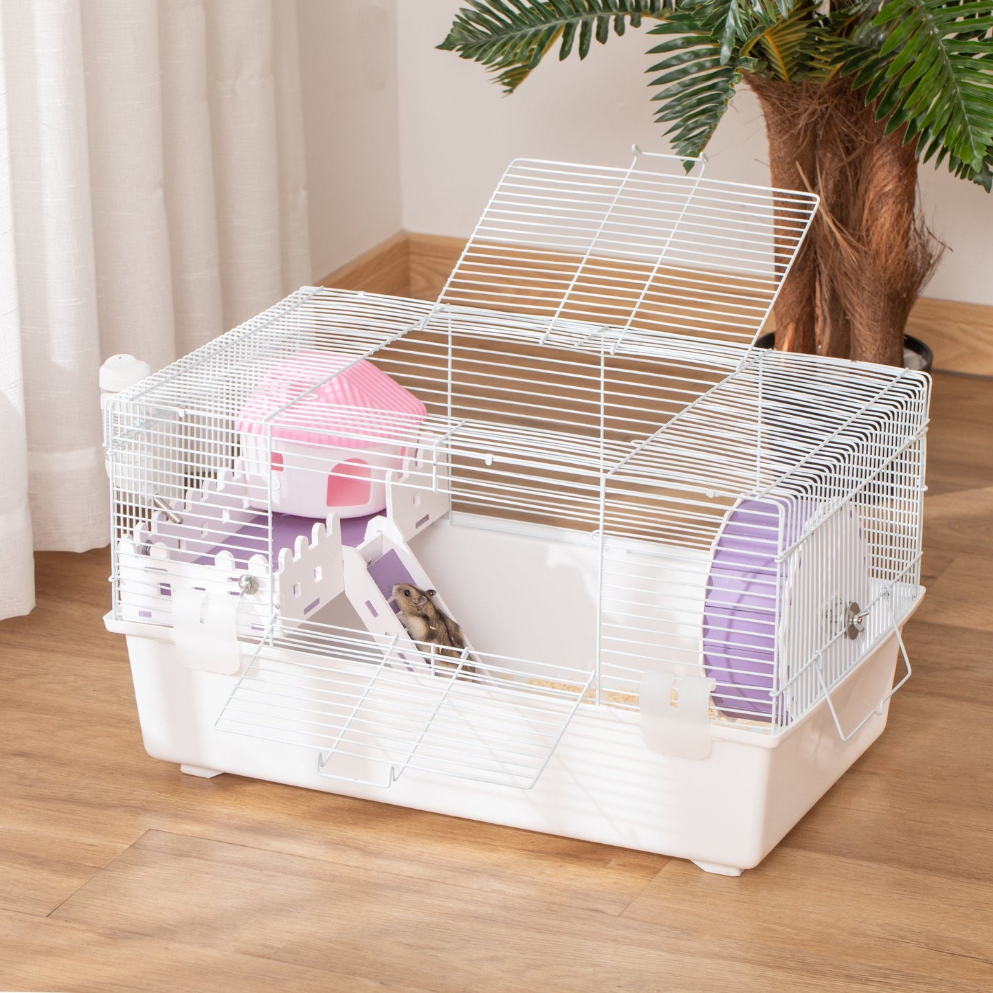 AOSOM-2 Tier Hamster Cage, Multi-Storey Rodent House Small Animal Habitat with Water Bottle, Excise Wheel, Ladder, Hut, White - Outdoor Style Company