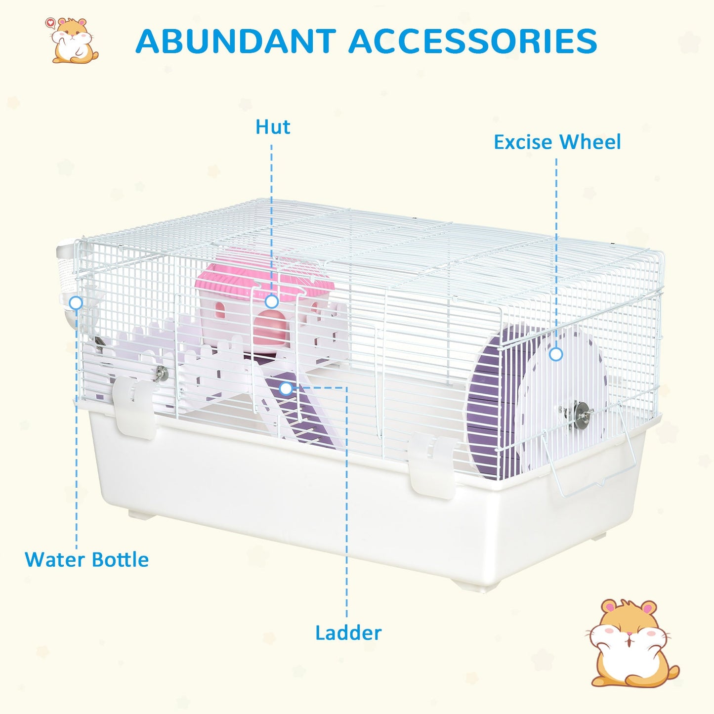 AOSOM-2 Tier Hamster Cage, Multi-Storey Rodent House Small Animal Habitat with Water Bottle, Excise Wheel, Ladder, Hut, White - Outdoor Style Company