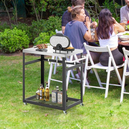  - 2 - Tier Stainless Steel Grill Cart with 4 Hooks and Wheels BBQ Table - Outdoor Style Company