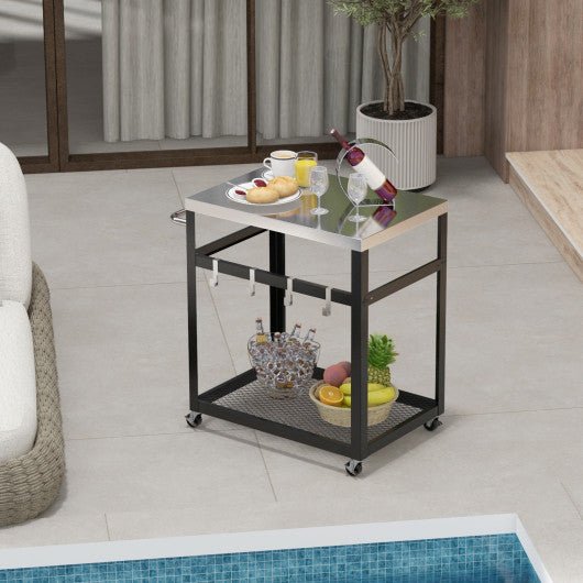  - 2 - Tier Stainless Steel Grill Cart with 4 Hooks and Wheels BBQ Table - Outdoor Style Company