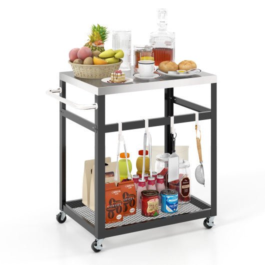  - 2 - Tier Stainless Steel Grill Cart with 4 Hooks and Wheels BBQ Table - Outdoor Style Company