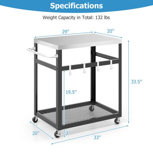  - 2 - Tier Stainless Steel Grill Cart with 4 Hooks and Wheels BBQ Table - Outdoor Style Company