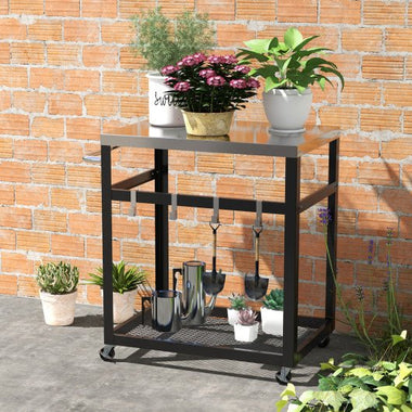  - 2 - Tier Stainless Steel Grill Cart with 4 Hooks and Wheels BBQ Table - Outdoor Style Company