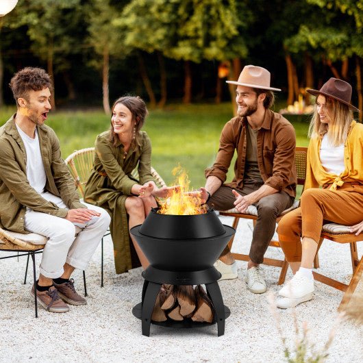  - 20 Inch Patio Fire Pit Metal Camping Fire Bowl with Pot Holder and Storage Shelf - Outdoor Style Company