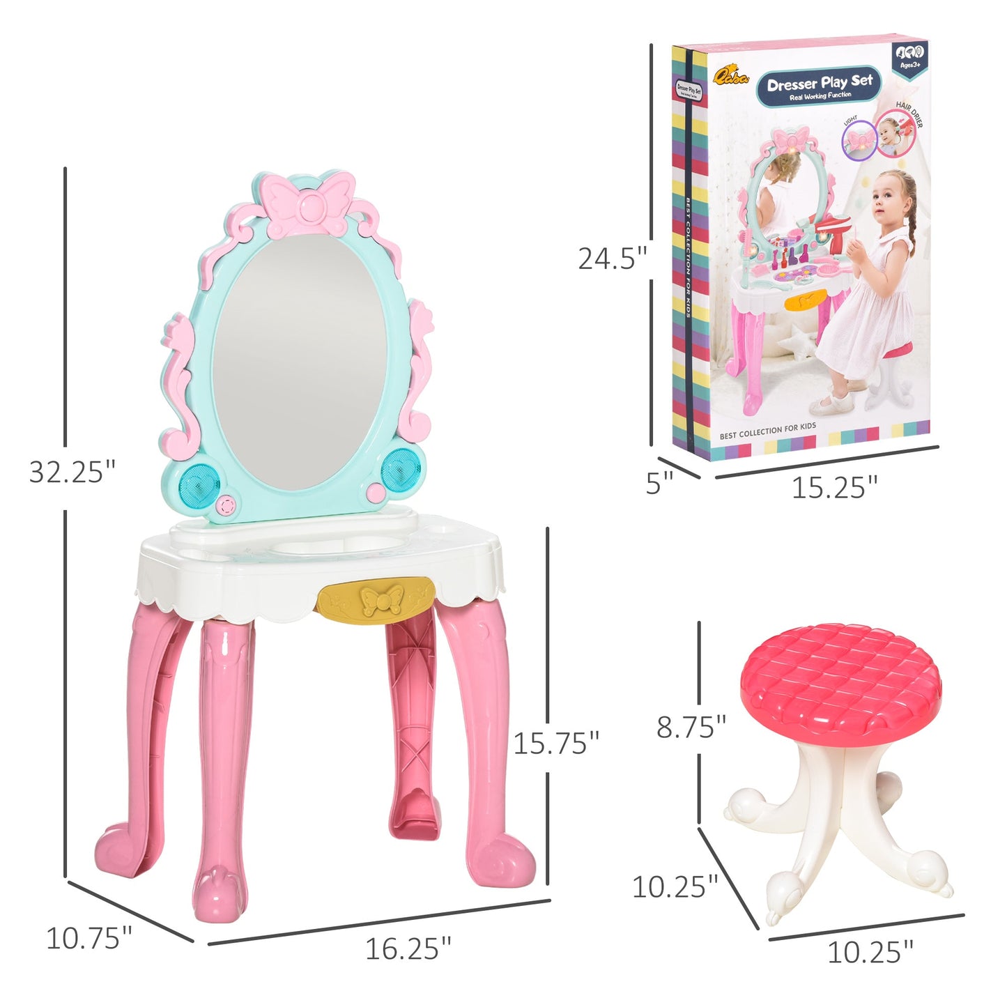 AOSOM-20 Piece Kids Princess Play Table, Kids Toy Vanity Pretend Playset Table and Stool,with Mirror, Makeup, Lights, - Outdoor Style Company