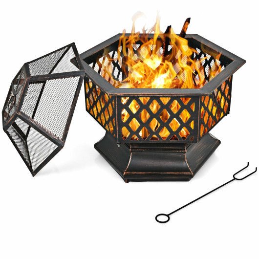  - 26 Inch Hex - shaped Portable Wood Burning Firepit Bowl with Screen Cover and Poker - Outdoor Style Company