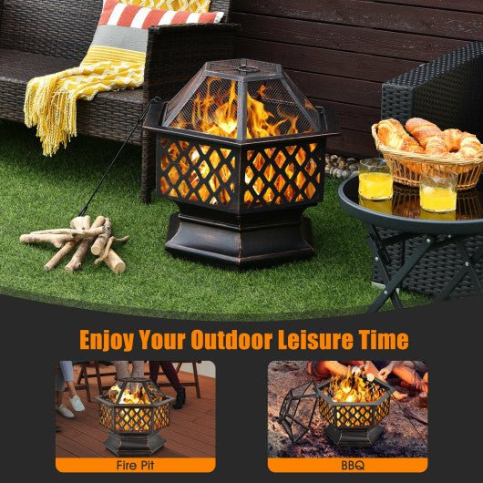  - 26 Inch Hex - shaped Portable Wood Burning Firepit Bowl with Screen Cover and Poker - Outdoor Style Company