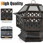  - 26 Inch Hex - shaped Portable Wood Burning Firepit Bowl with Screen Cover and Poker - Outdoor Style Company