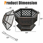  - 26 Inch Hex - shaped Portable Wood Burning Firepit Bowl with Screen Cover and Poker - Outdoor Style Company