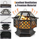  - 26 Inch Hex - shaped Portable Wood Burning Firepit Bowl with Screen Cover and Poker - Outdoor Style Company