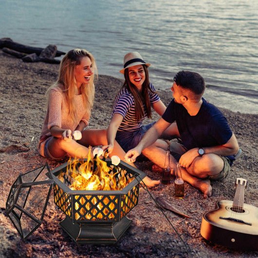  - 26 Inch Hex - shaped Portable Wood Burning Firepit Bowl with Screen Cover and Poker - Outdoor Style Company