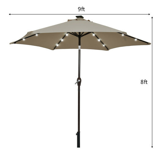 9 Feet Solar LED Lighted Patio Market Umbrella Tilt Adjustment Crank Lift-Tan