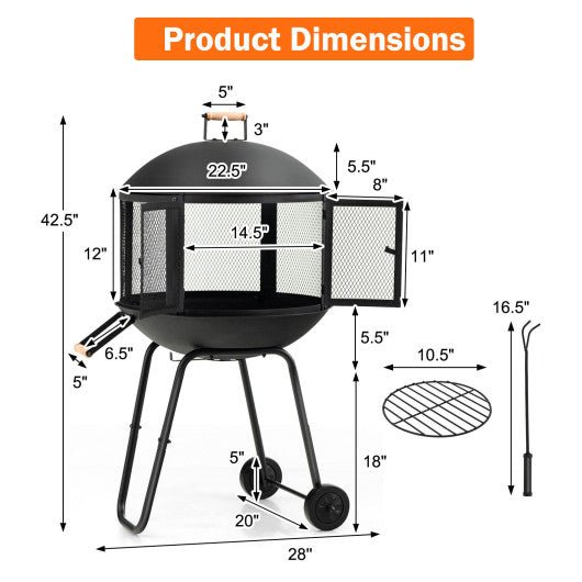  - 28 Inch Portable Fire Pit on Wheels with Log Grate - Outdoor Style Company