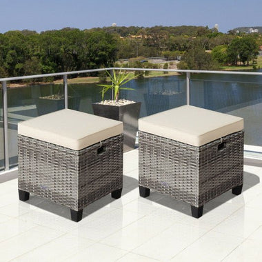  - 2PCS Patio Rattan Wicker Ottoman Seat with Removable Cushions - Outdoor Style Company