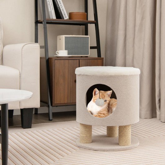  - 3 - in - 1 Cat Condo Stool Kitty Bed with Scratching Posts and Plush Ball Toy - Outdoor Style Company