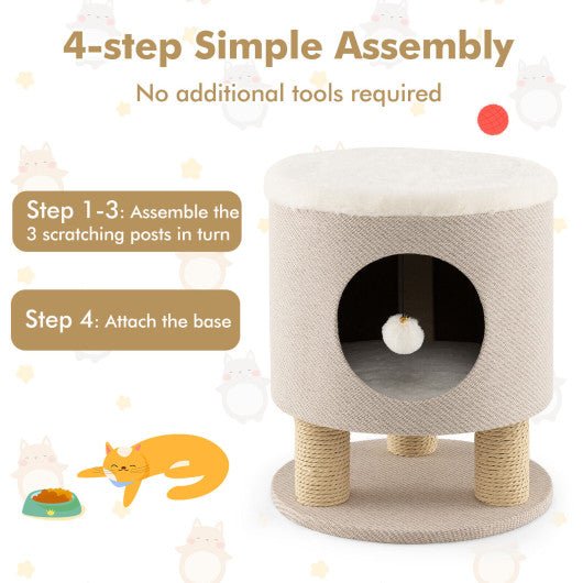  - 3 - in - 1 Cat Condo Stool Kitty Bed with Scratching Posts and Plush Ball Toy - Outdoor Style Company