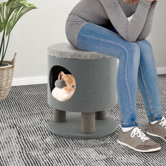  - 3 - in - 1 Cat Condo Stool Kitty Bed with Scratching Posts and Plush Ball Toy - Outdoor Style Company