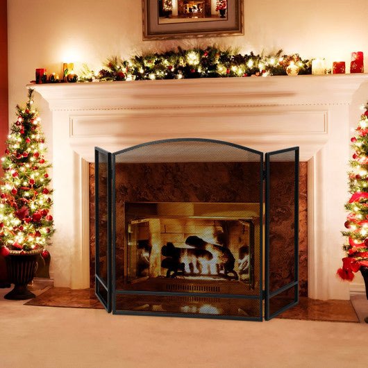  - 3 - Panel Foldable Fireplace Screen with Wrought Metal Mesh - Outdoor Style Company