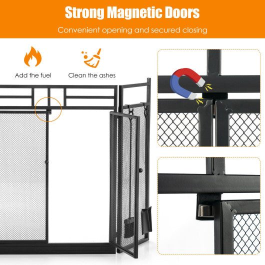  - 3 - Panel Folding Wrought Iron Fireplace Screen with Doors and 4 Pieces Tools Set - Outdoor Style Company