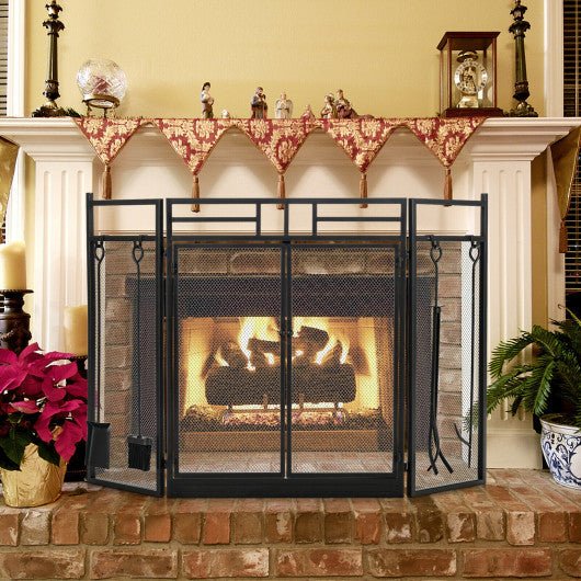  - 3 - Panel Folding Wrought Iron Fireplace Screen with Doors and 4 Pieces Tools Set - Outdoor Style Company