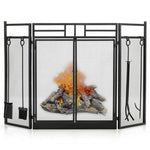  - 3 - Panel Folding Wrought Iron Fireplace Screen with Doors and 4 Pieces Tools Set - Outdoor Style Company