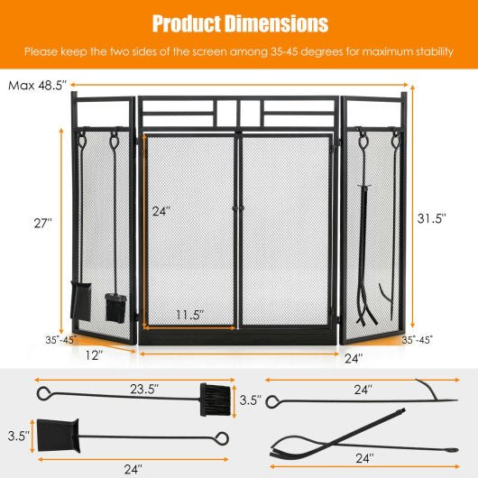  - 3 - Panel Folding Wrought Iron Fireplace Screen with Doors and 4 Pieces Tools Set - Outdoor Style Company