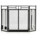  - 3 - Panel Folding Wrought Iron Fireplace Screen with Doors and 4 Pieces Tools Set - Outdoor Style Company