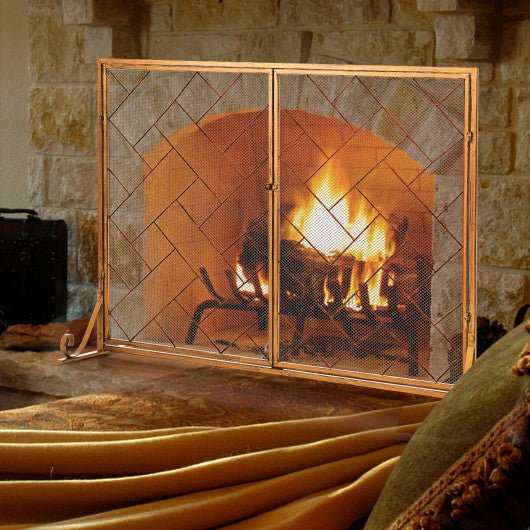  - 3 - Panel Folding Wrought Iron Fireplace Screen with Doors and 4 Pieces Tools Set - Golden - Outdoor Style Company