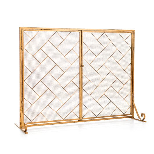  - 3 - Panel Folding Wrought Iron Fireplace Screen with Doors and 4 Pieces Tools Set - Golden - Outdoor Style Company