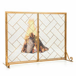  - 3 - Panel Folding Wrought Iron Fireplace Screen with Doors and 4 Pieces Tools Set - Golden - Outdoor Style Company