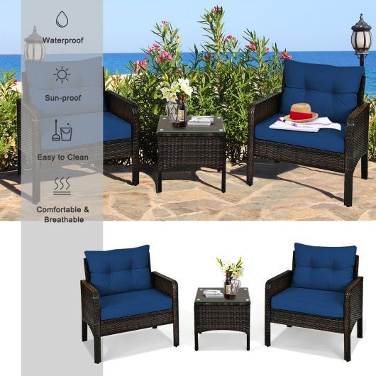  - 3 Pcs Outdoor Patio Rattan Conversation Set with Seat Cushions - Outdoor Style Company