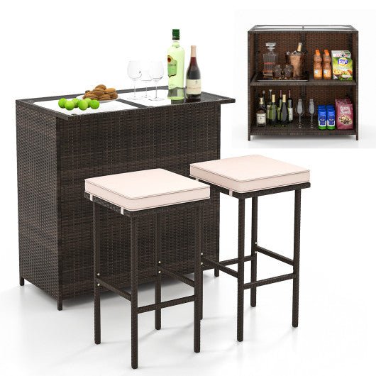  - 3 Pcs Patio Bar Set with Tempered Glass Tabletop - Outdoor Style Company