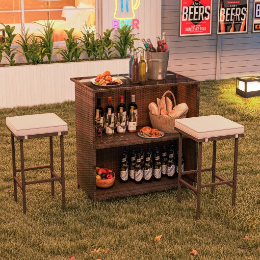  - 3 Pcs Patio Bar Set with Tempered Glass Tabletop - Outdoor Style Company