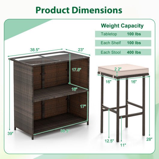  - 3 Pcs Patio Bar Set with Tempered Glass Tabletop - Outdoor Style Company