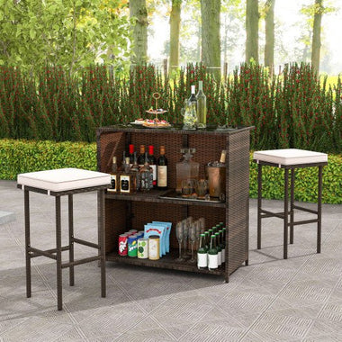  - 3 Pcs Patio Bar Set with Tempered Glass Tabletop - Outdoor Style Company