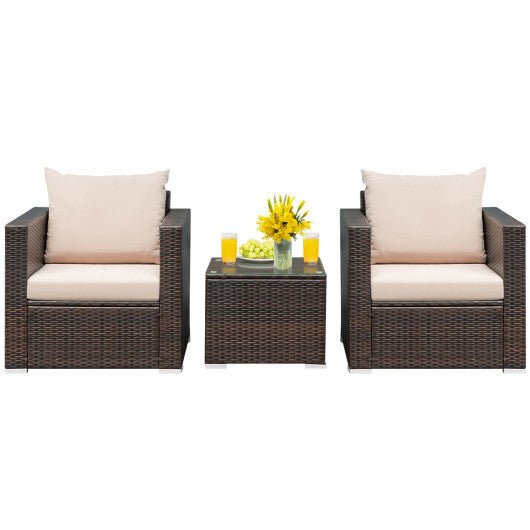  - 3 Pcs Patio Conversation Rattan Furniture Set with Cushion - Outdoor Style Company