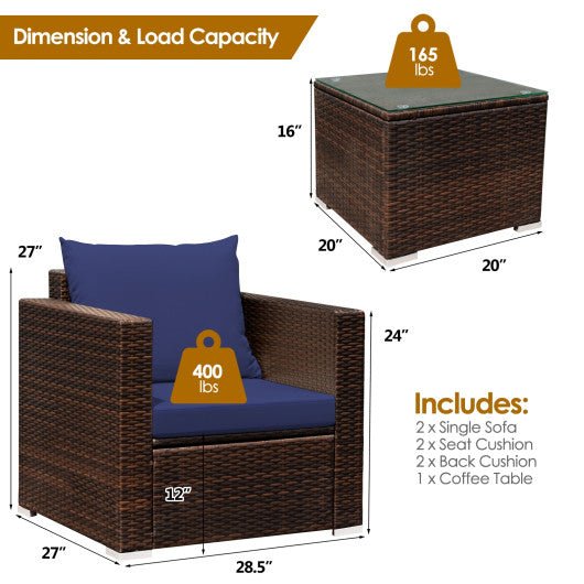  - 3 Pcs Patio Conversation Rattan Furniture Set with Cushion - Outdoor Style Company